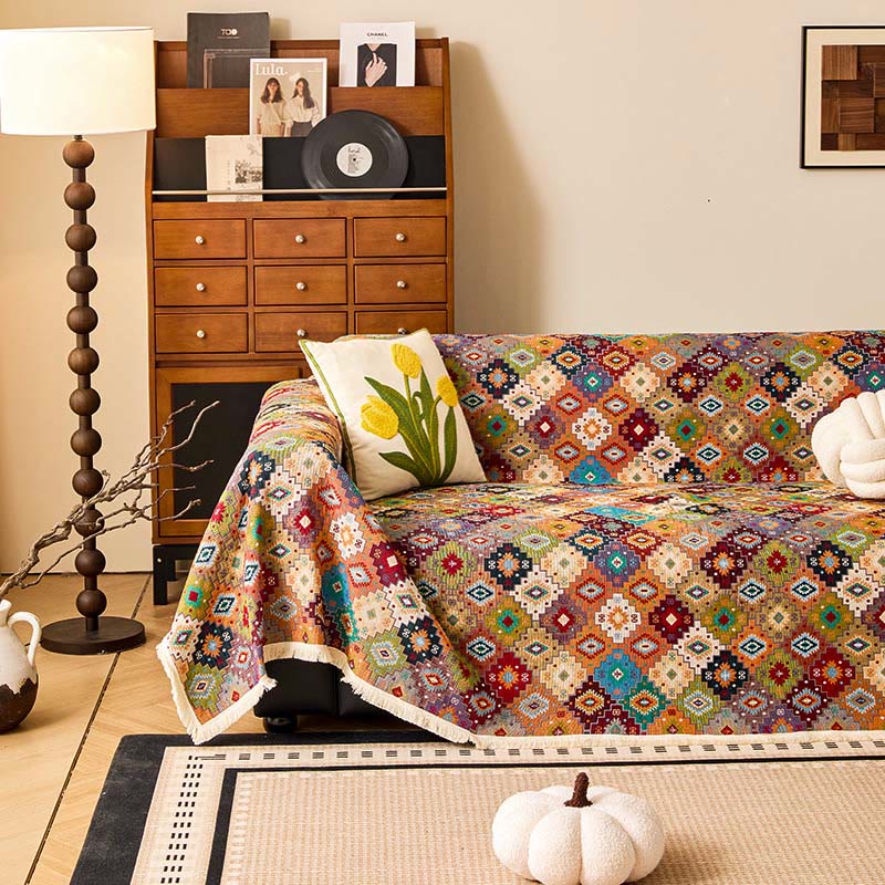 Copridivano vintage in cotone e lino con motivo jacquard a quadri