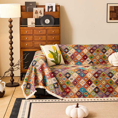 Copridivano vintage in cotone e lino con motivo jacquard a quadri