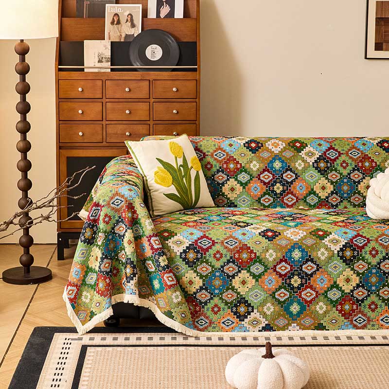 Copridivano vintage in cotone e lino con motivo jacquard a quadri