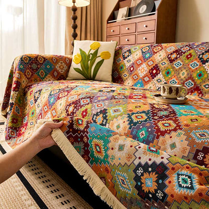 Copridivano vintage in cotone e lino con motivo jacquard a quadri