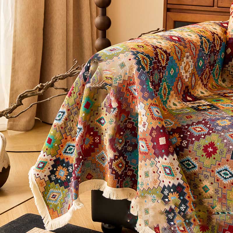 Copridivano vintage in cotone e lino con motivo jacquard a quadri