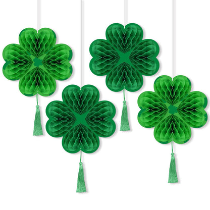 Decorazione a nido d'ape sospesa a forma di trifoglio verde fortunato (4 pezzi)