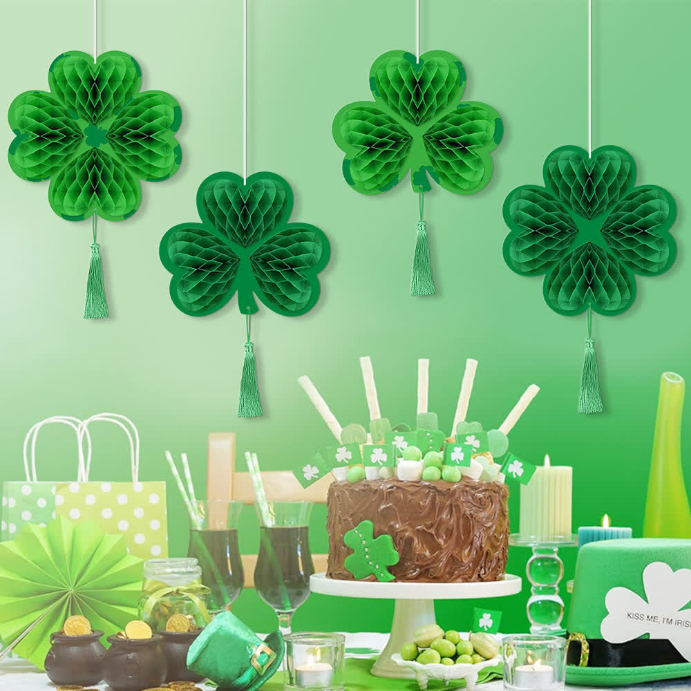 Decorazione a nido d'ape sospesa a forma di trifoglio verde fortunato (4 pezzi)
