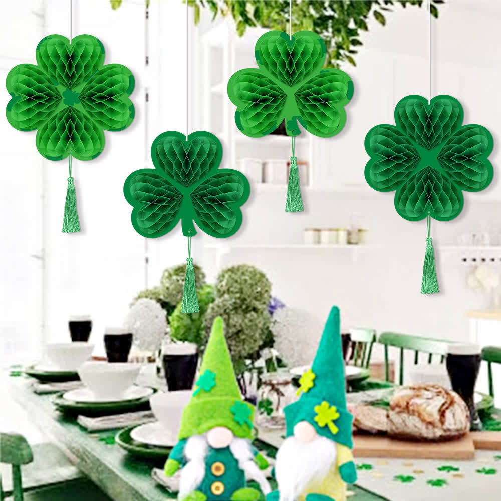 Decorazione a nido d'ape sospesa a forma di trifoglio verde fortunato (4 pezzi)