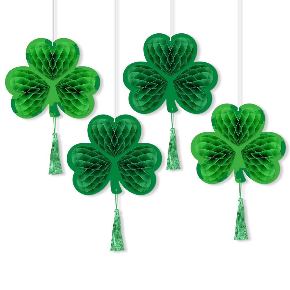 Decorazione a nido d'ape sospesa a forma di trifoglio verde fortunato (4 pezzi)