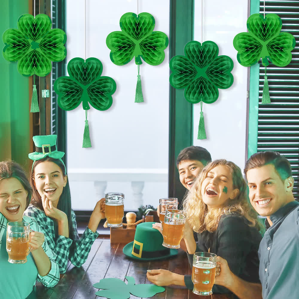 Decorazione a nido d'ape sospesa a forma di trifoglio verde fortunato (4 pezzi)