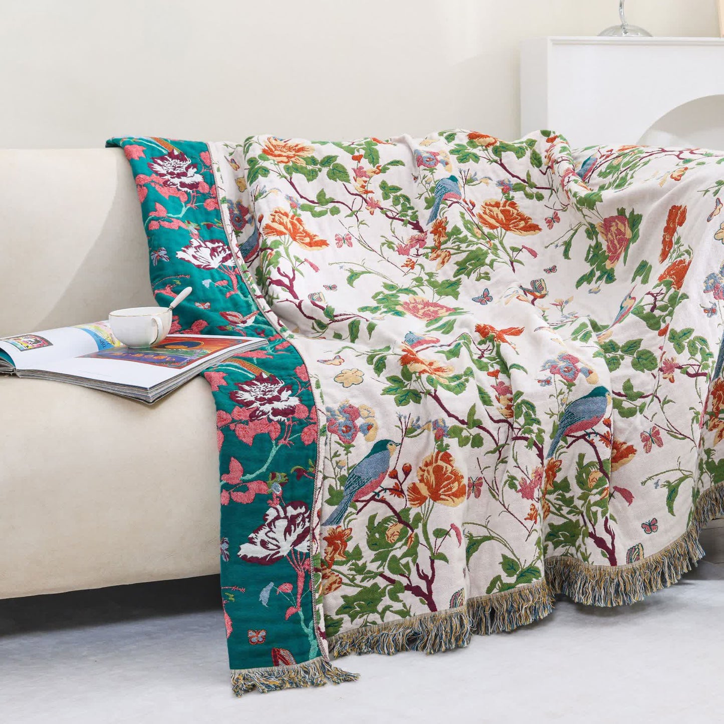 Coperta reversibile per divano in garza di cotone con motivo a peonia e uccellino