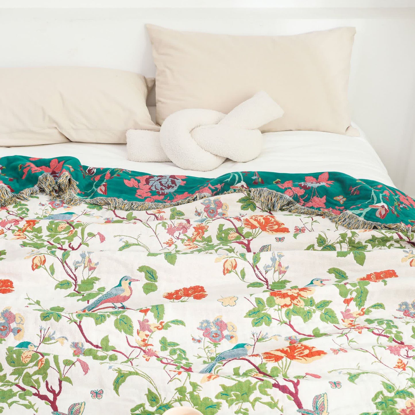 Coperta reversibile per divano in garza di cotone con motivo a peonia e uccellino