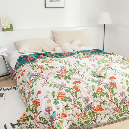 Coperta reversibile per divano in garza di cotone con motivo a peonia e uccellino