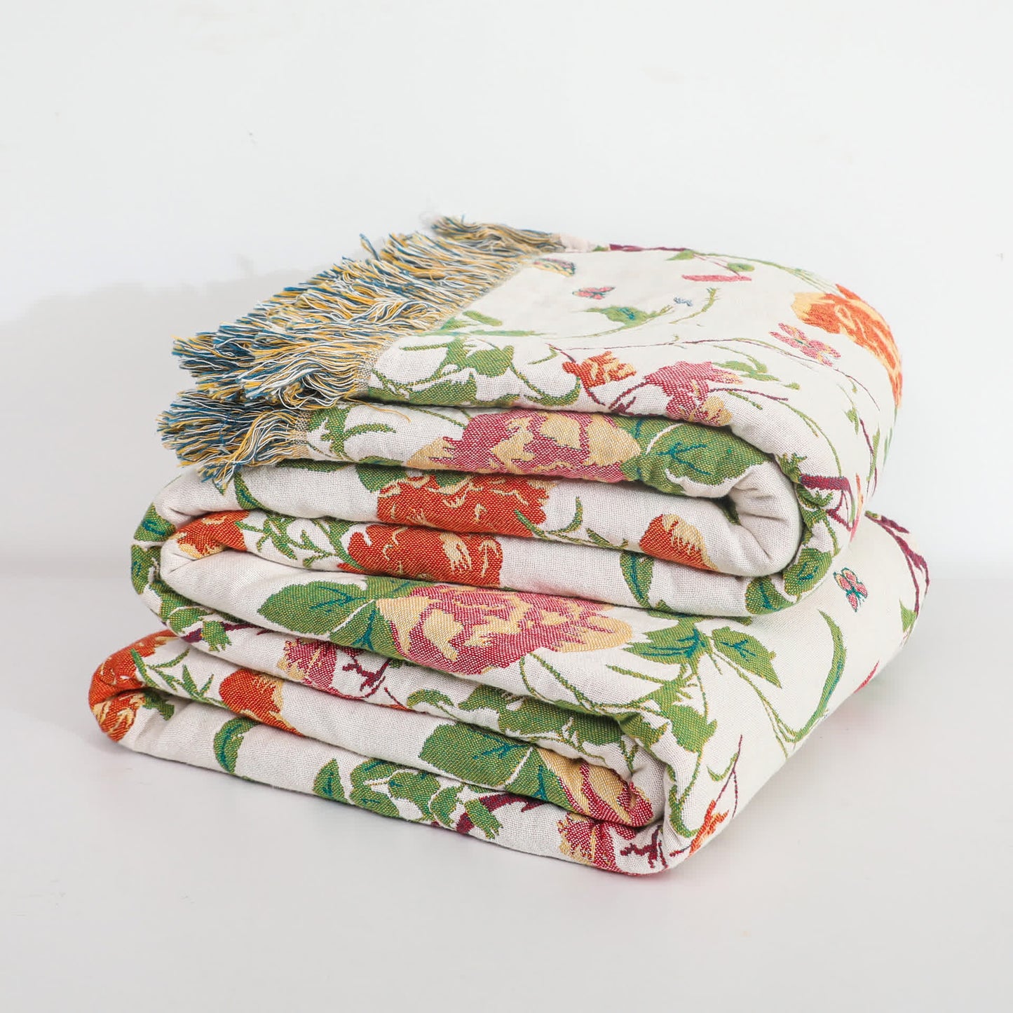 Coperta reversibile per divano in garza di cotone con motivo a peonia e uccellino