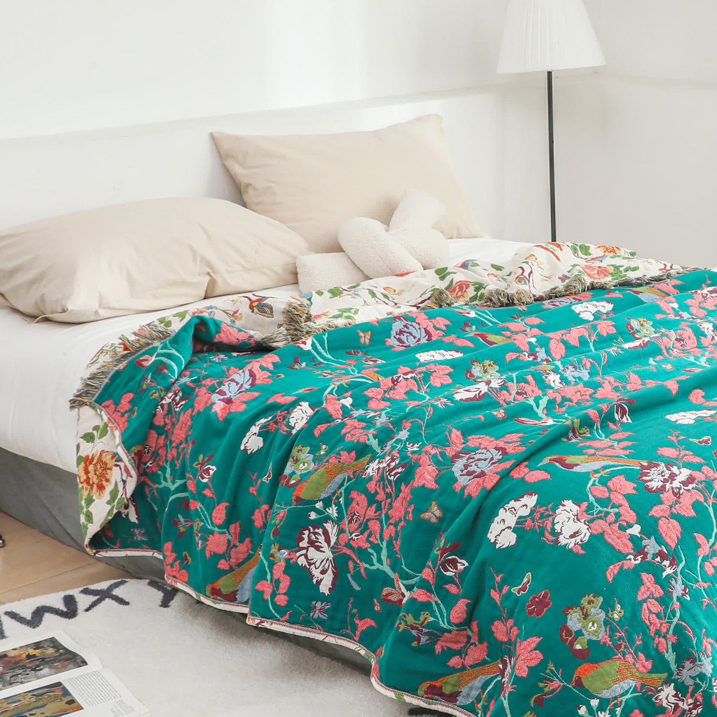 Coperta reversibile per divano in garza di cotone con motivo a peonia e uccellino