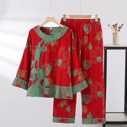 Completo da notte in garza di cotone jacquard color melograno - Rosso e verde - XL - image 2