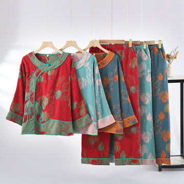 Completo da notte in garza di cotone jacquard color melograno - image 0