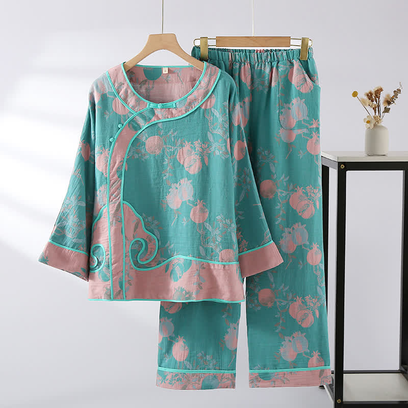 Completo da notte in garza di cotone jacquard color melograno - Blu, verde e rosa - XL - image 1