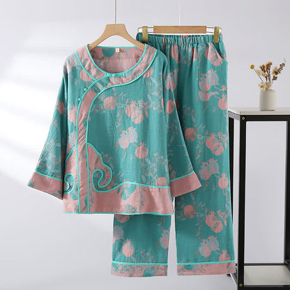 Completo da notte in garza di cotone jacquard color melograno - Blu, verde e rosa - XL - image 1