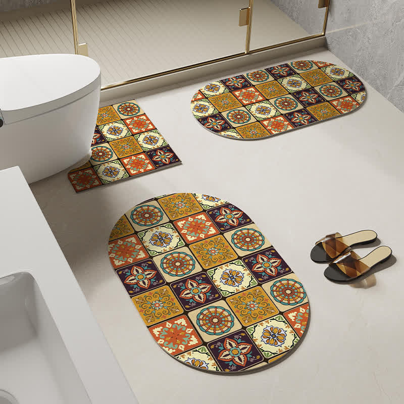 Tappetino da bagno antiscivolo con motivo geometrico retrò in fango diatomeico