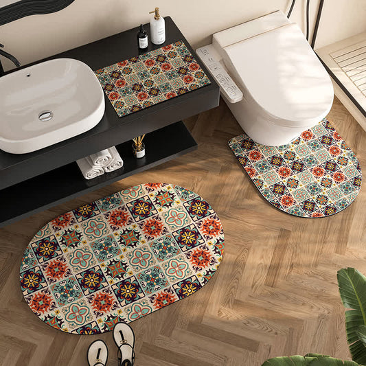 Tappetino da bagno antiscivolo con motivo a quadri geometrici vintage color fango diatomea