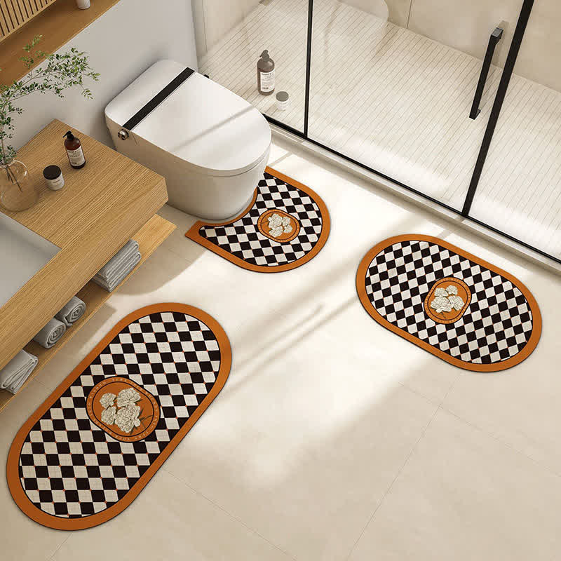 Tappetino da bagno antiscivolo con motivo a quadri retrò e motivo floreale in fango diatomeico