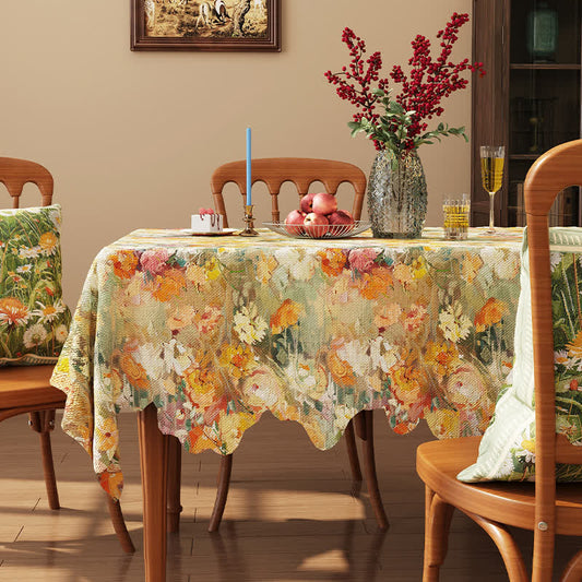 Tovaglia con bordo ondulato in jacquard floreale in stile dipinto a olio