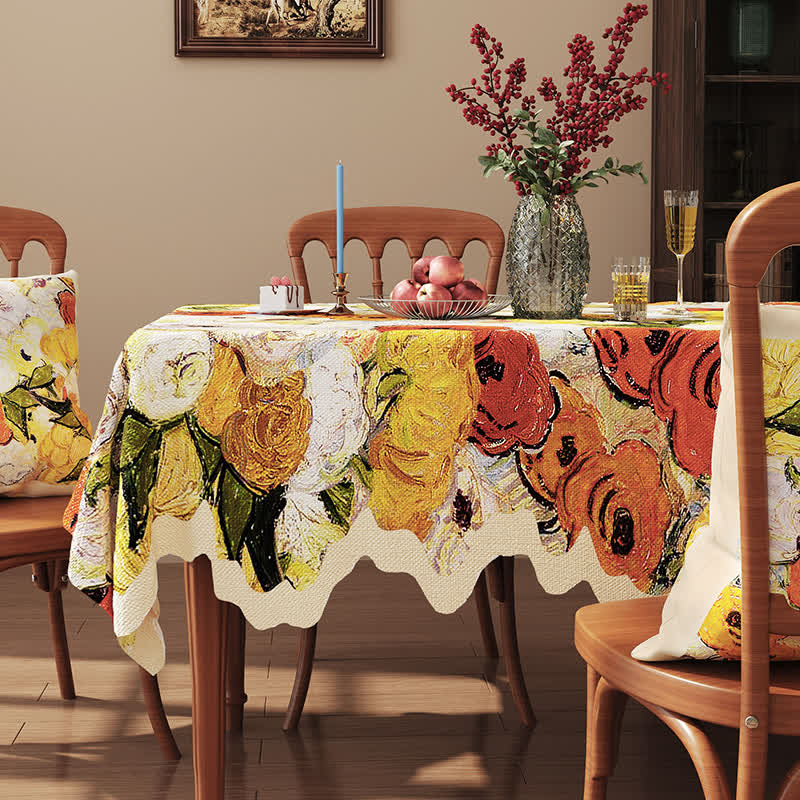 Tovaglia con bordo ondulato in jacquard floreale in stile dipinto a olio