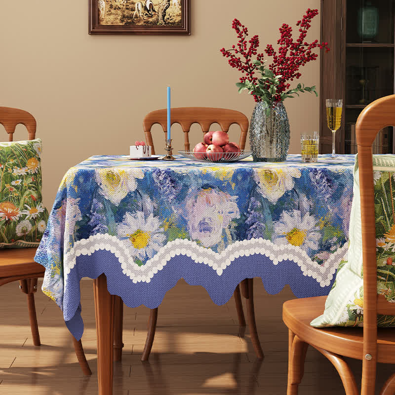 Tovaglia con bordo ondulato in jacquard floreale in stile dipinto a olio