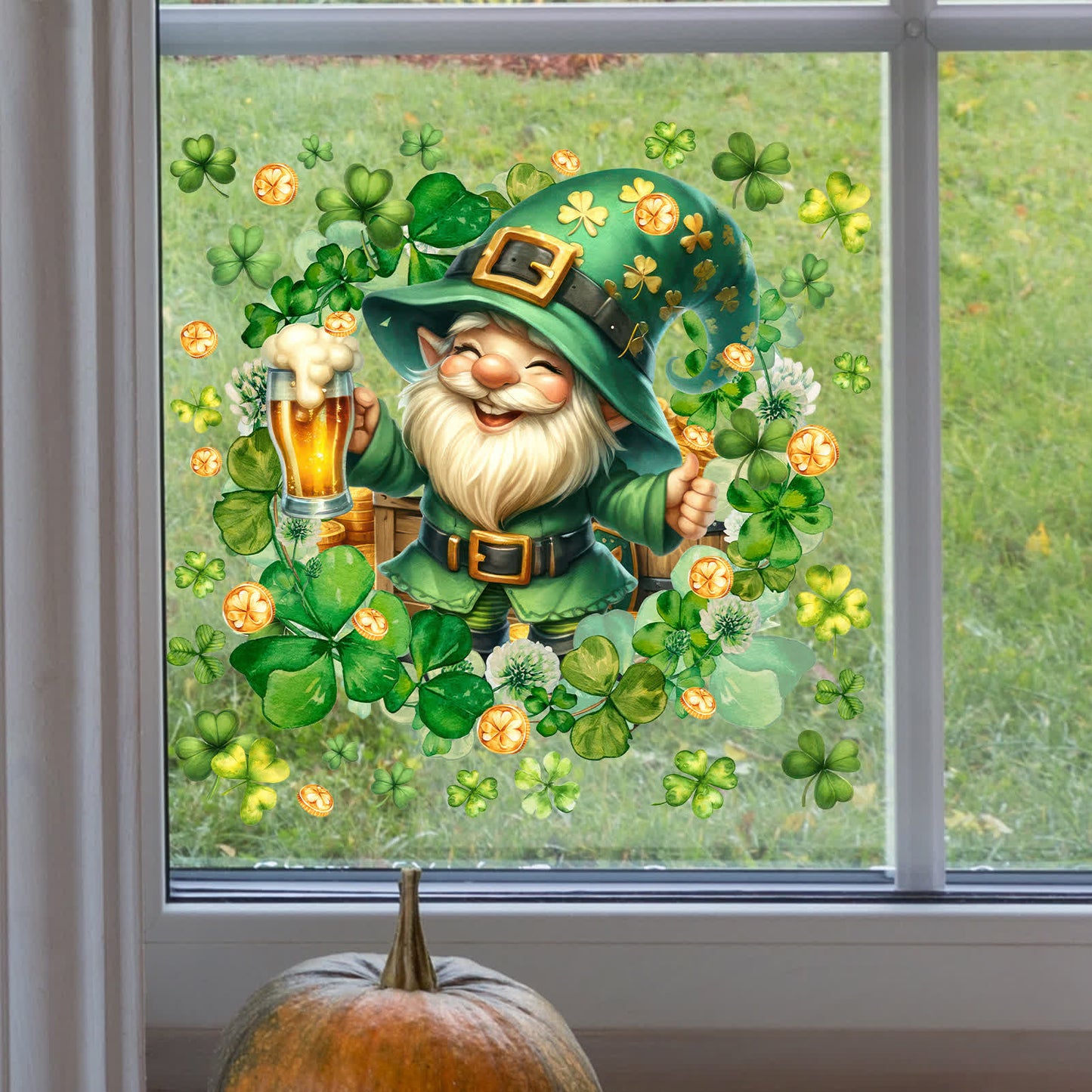 Adesivo decorativo da parete per finestra con motivo a trifoglio e folletto