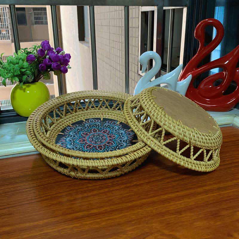 Cestino portafrutta in rattan Boho dipinto a mano e stampato