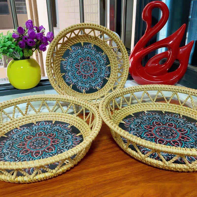 Cestino portafrutta in rattan Boho dipinto a mano e stampato