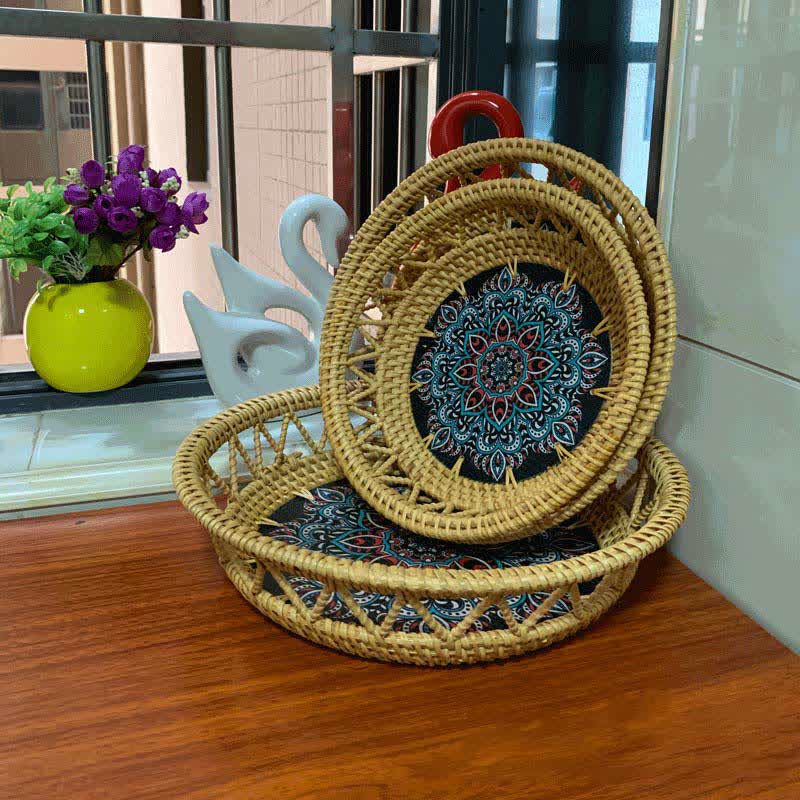 Cestino portafrutta in rattan Boho dipinto a mano e stampato