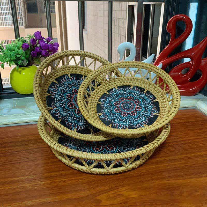 Cestino portafrutta in rattan Boho dipinto a mano e stampato