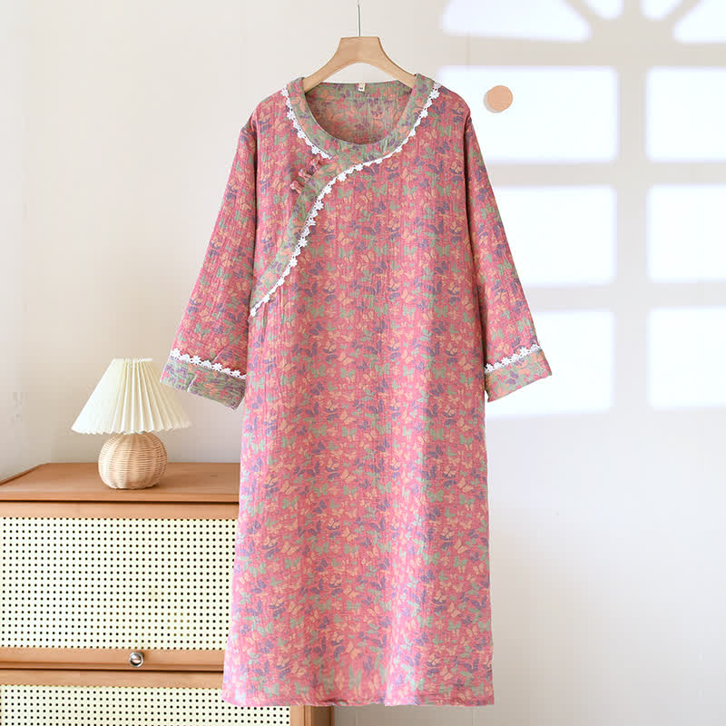 Camicia da notte in puro cotone con motivo a farfalla Jacquard