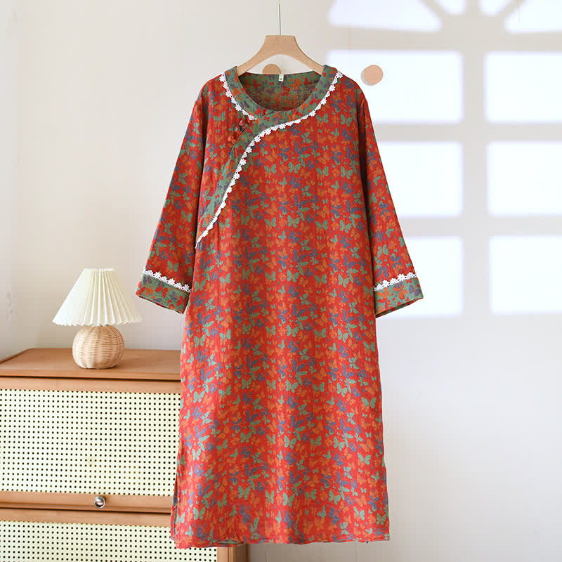 Camicia da notte in puro cotone con motivo a farfalla Jacquard