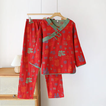 Completo da notte in garza di cotone vintage con scollo a V - Rosso - 2XL - image 0