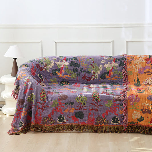 Coperta da divano in garza di cotone con nappe floreali vintage
