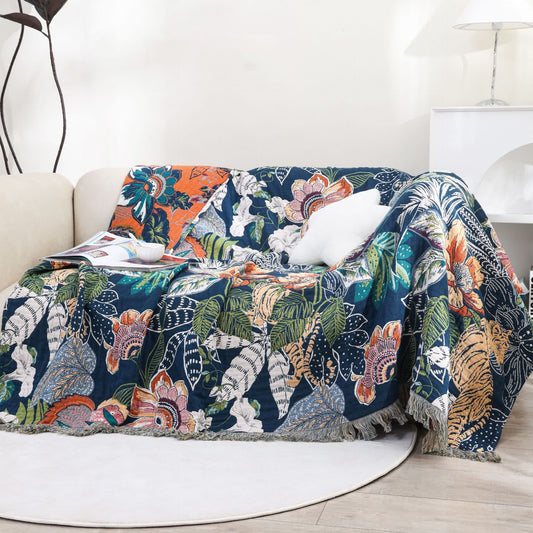 Coperta reversibile con nappe in garza di cotone stile foresta