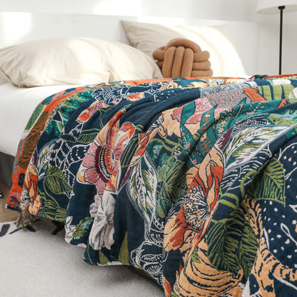 Coperta reversibile con nappe in garza di cotone stile foresta