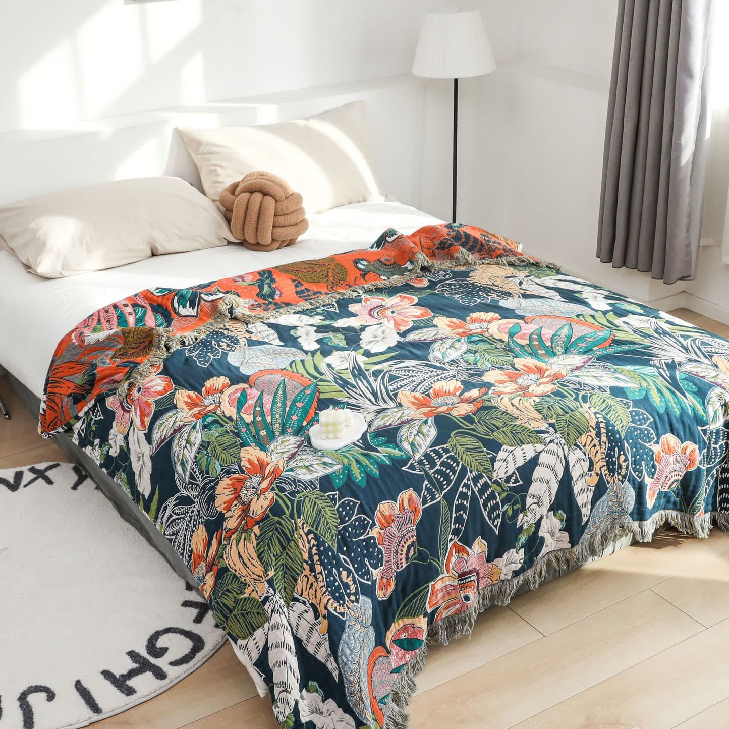 Trapunta reversibile con nappe in garza di cotone stile foresta