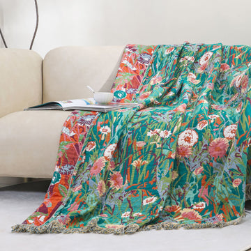 Coperta floreale reversibile in garza di cotone con nappa
