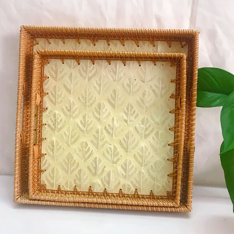 Vassoio per dessert con cesto di frutta a forma di conchiglia quadrata in rattan