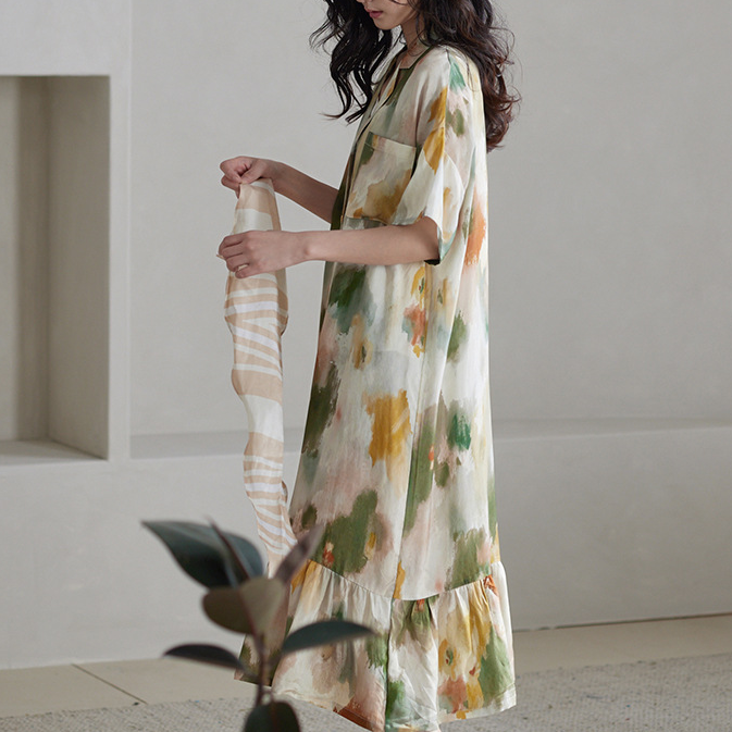 Camicia da notte casual morbida in raso tie-dye
