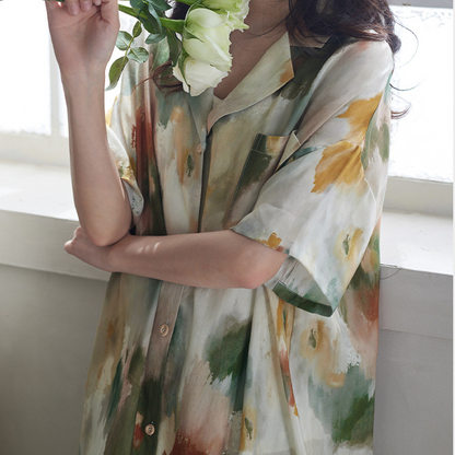 Camicia da notte casual morbida in raso tie-dye