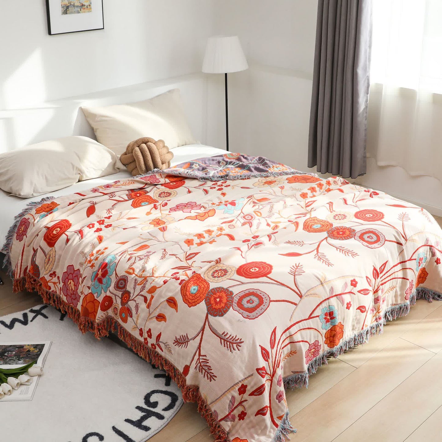 Coperta reversibile in garza di cotone confortevole con motivo floreale vintage