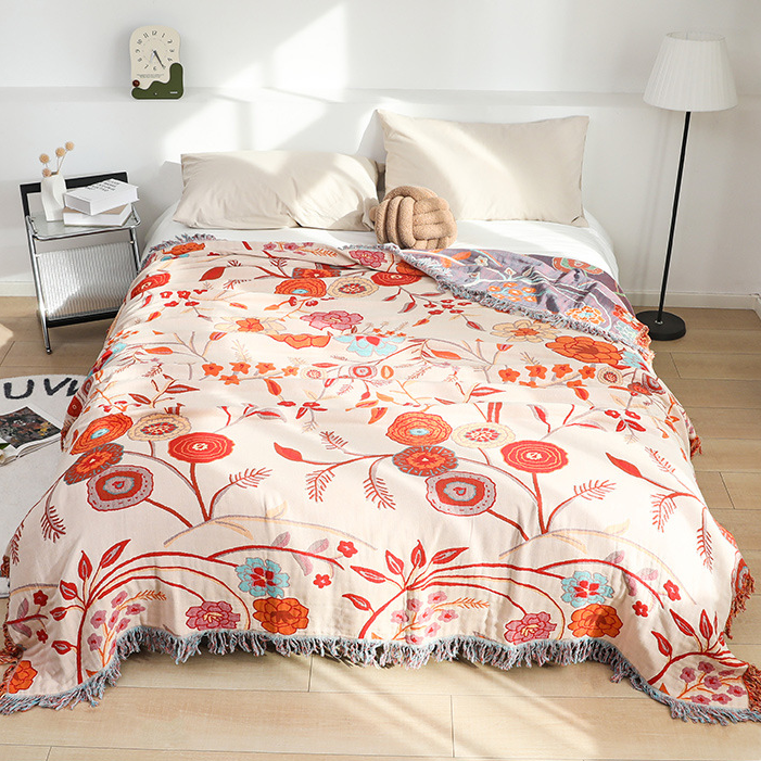 Coperta reversibile in garza di cotone confortevole con motivo floreale vintage