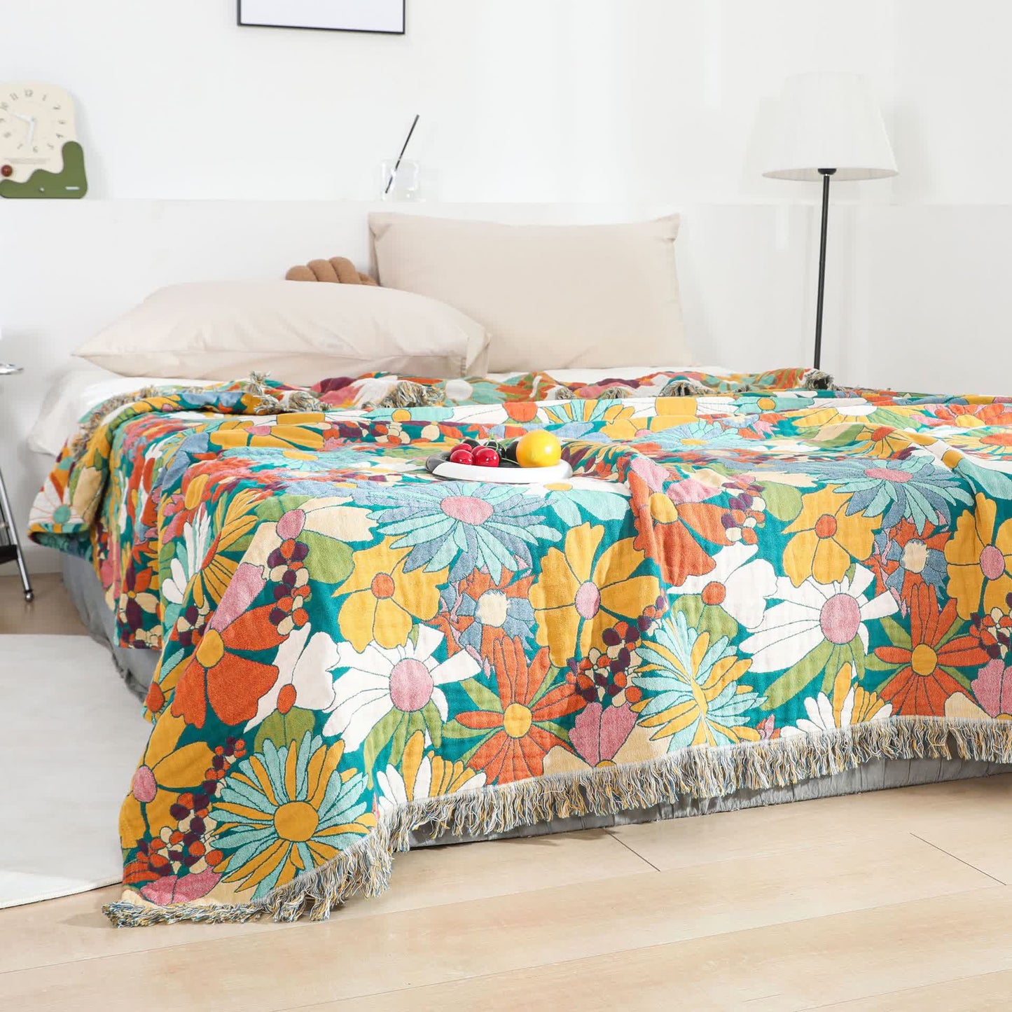 Coperta reversibile con nappe in garza di cotone dai colori vivaci