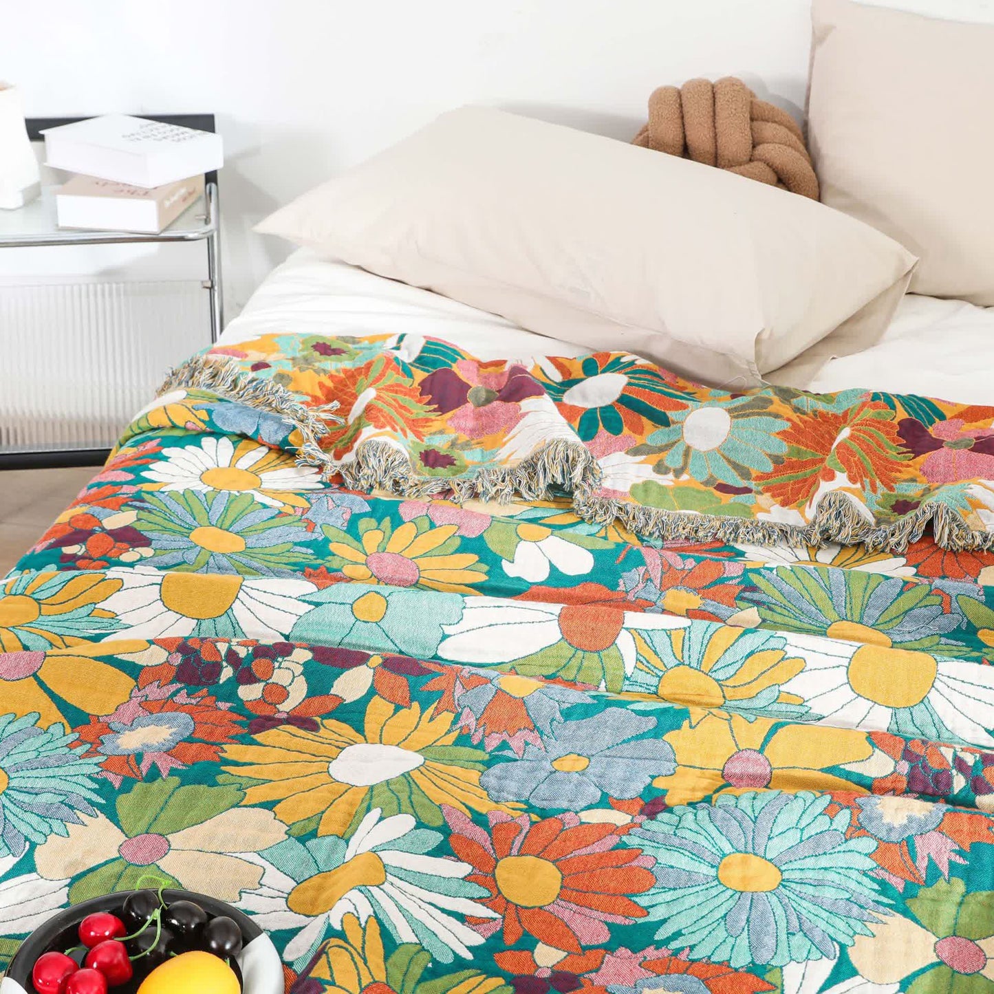 Coperta reversibile con nappe in garza di cotone dai colori vivaci