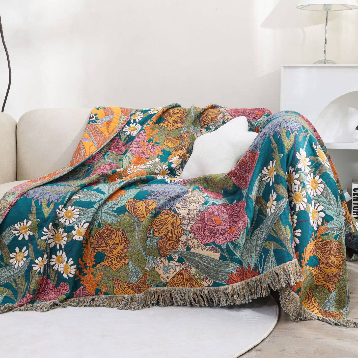 Coperta reversibile in garza di cotone con motivo a fiori da giardino