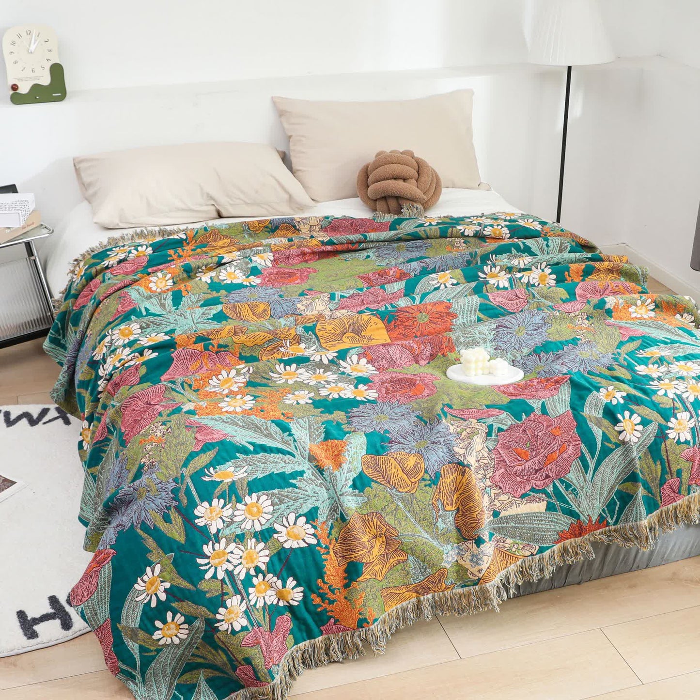 Coperta reversibile in garza di cotone con motivo a fiori da giardino