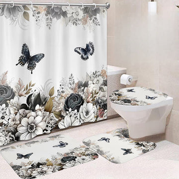 Set di lussuosi tappetini per tenda da doccia impermeabili con motivo floreale botanico