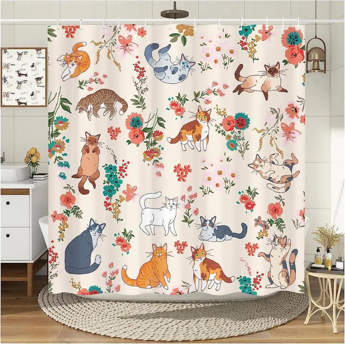 Tenda da doccia antimuffa con motivo floreale a gatto carino