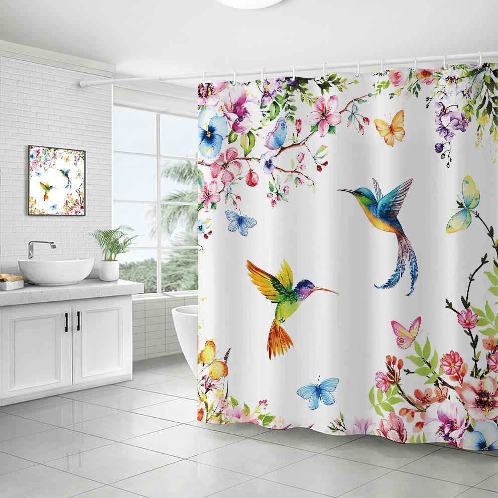 Tenda da doccia decorativa impermeabile con motivo floreale a uccelli